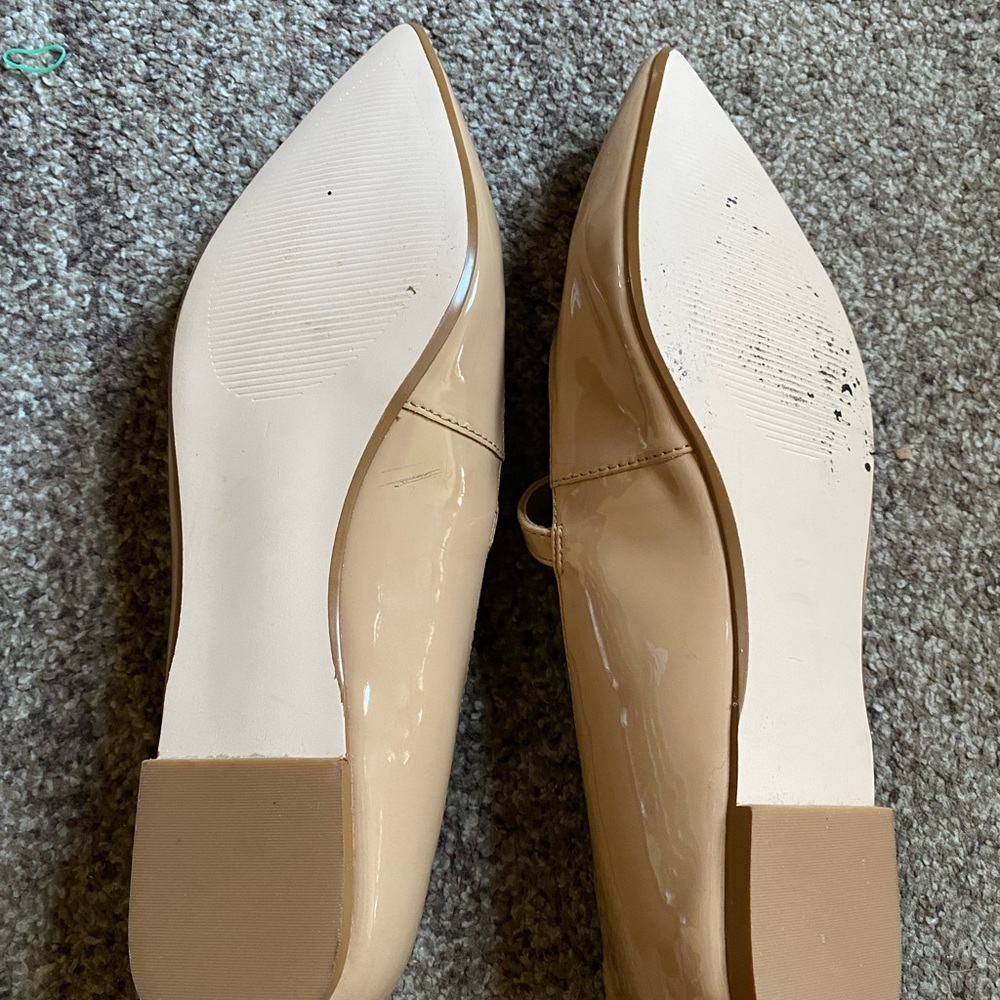 Tan, pointed toe, Mary Jane flats